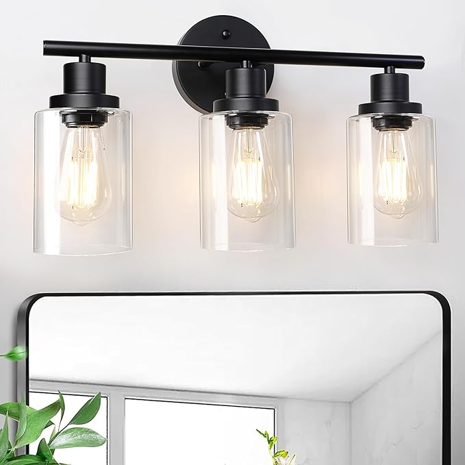 Unicozin Modern Bathroom Light Fixtures, 3 Light Vanity Lights, Black Wall Lamp with Clear Glass for Bathroom, Mirror, Living Room, Bedroom, Hallway, E26 Base