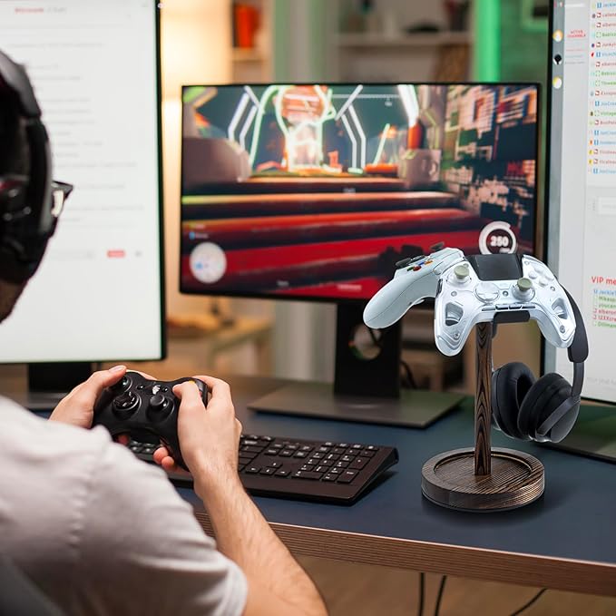 MyGift Industrial Matte Black Metal Headphone Stand with Burnt Wood Tray – Desktop Headset and Gaming Controller Holder for Office, Studio, or Console Setup