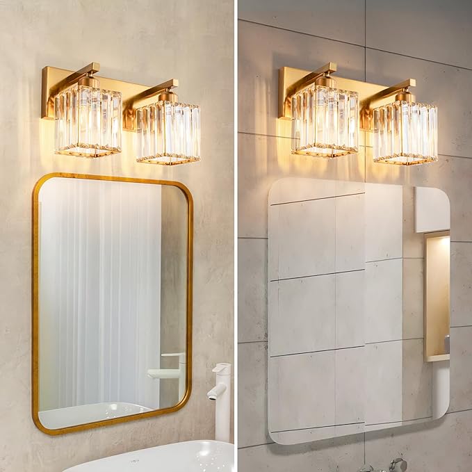 FDPBY Modern Bathroom Vanity Light 2-Lights Gold Crystal Bathroom Wall Light Vanity Light Fixtures，12.59-inch Modern Minimalist Design