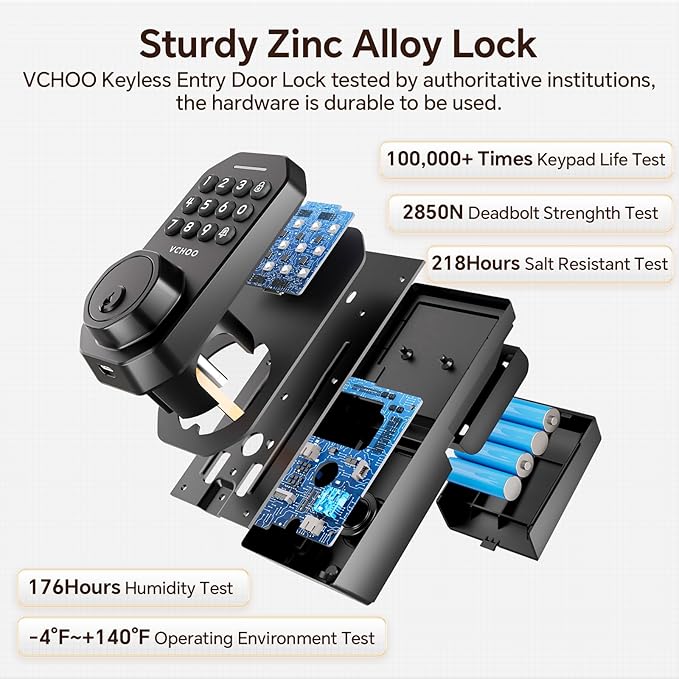 VCHOO Keyless Entry Door Lock with Handle, App Control Door Locks for Front Door, Auto Lock Keypad Door Lock with Handle, Smart Door Lock for Home Hotel Bedroom with 2 Door Knobs