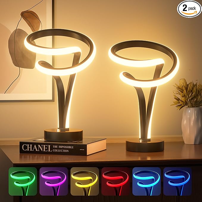 airnasa Spiral LED Table Lamp Set of 2-10 Color Modes, Touch Dimming, Modern Nightstand Lights for Bedroom & Living Room