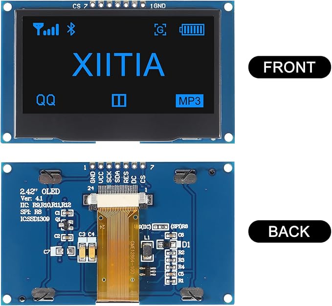 XIITIA 2pcs 2.42 inch 128x64 OLED LCD Display Module SSD1309 7 Pin SPI/IIC I2C Serial Interface for Arduino UNO R3 (Blue Light)