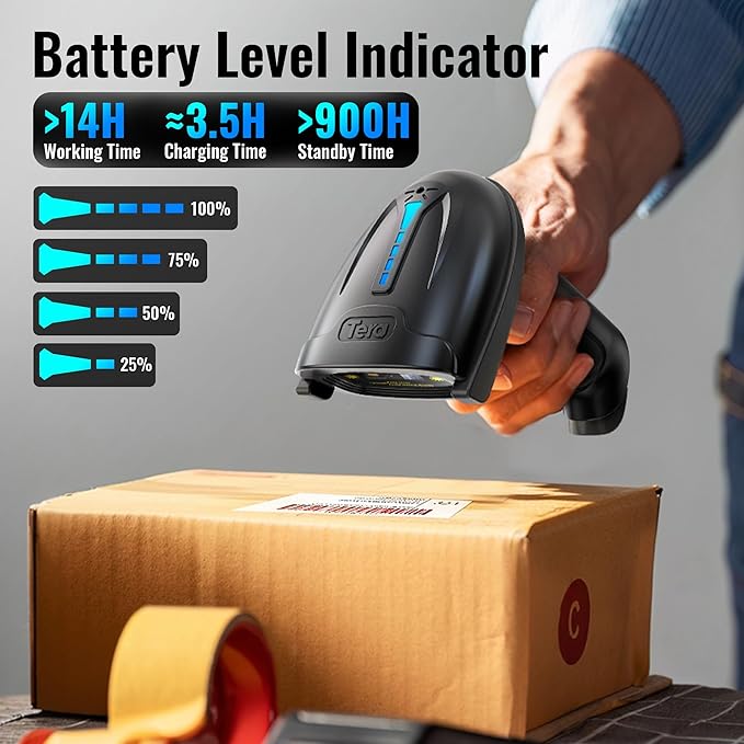 Tera Barcode Scanner Wireless Versatile 2-in-1 (2.4Ghz Wireless+USB 2.0 Wired) with Battery Level Indicator, 328 Feet Transmission Distance Rechargeable 1D Laser Bar Code Reader USB Handheld (Black)