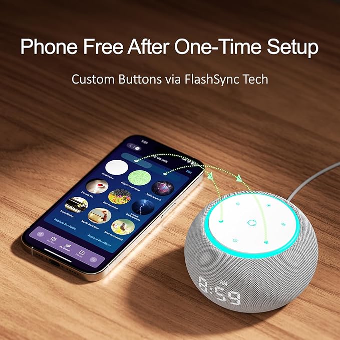 Hotmoon Alarm Clock with Sound Machine for Sleep, Luna Pro Dual-Stage Alarm, 507 Non Looping Sounds, Smart Night Light & Timer, Pink Green Brown White Noise Machine for Sleeping, Plug in, Cool Gray