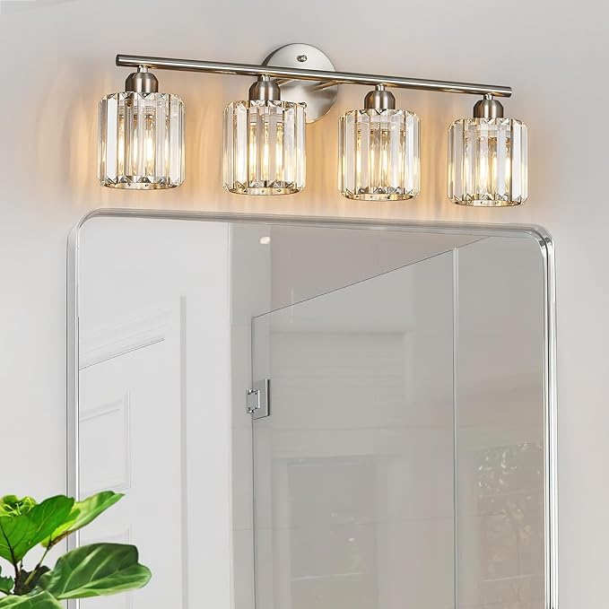 FDPBY Modern 4 Light Crystal Vanity Light, Brushed Nickel Vertical Bathroom Light Fixture Over Mirror for Dressing Table Sink, Compatible with Dimmable Bulbs (Bulbs Not Included)