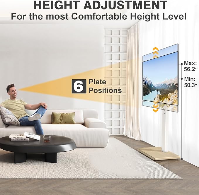 TV Floor Stand for 32-75 Inch Plasma LCD LED OLED Flat Panel or Curved Screen TVs, Swivel TV Stand Mount with Height Adjustment and Sturdy Wood Base, White