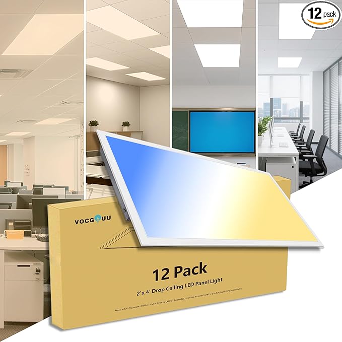 VocgoUU 2x4 LED Flat Panel Light – 12 Pack, 3 Wattage 40W/50W/60W & 4 CCT 3K/4K/5K/6K Selectable, 0-10V Dimmable, 6600LM, Drop Ceiling Troffer, ETL Listed, 100-277V Commercial Light