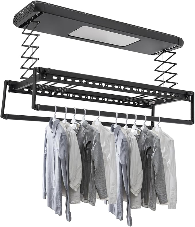 banborba Electric Retractable Airing Rack, Ceiling Mounted Clothes Drying Rack, Retractable Clothesline, Vertical Laundry Drying Rod with LED Light & Remote, 110V 24W, Black