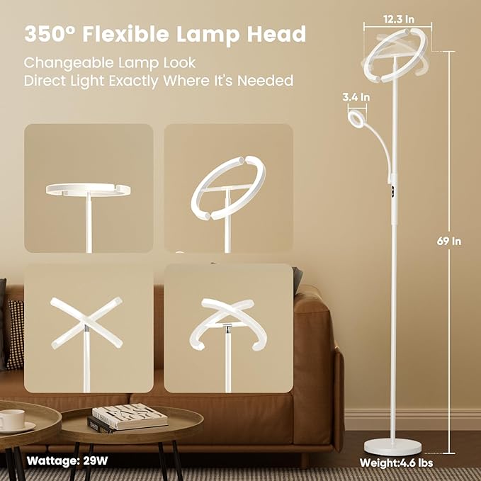 SIBRILLE White LED Floor Lamp - Dimmable 2 Lights Standing Lamp with Remote&Touch Control, 4 Color& 10 Brighness Adjustable Floor Reading Light, Modern Tall Lamp for Living Room Bedroom Office Corner