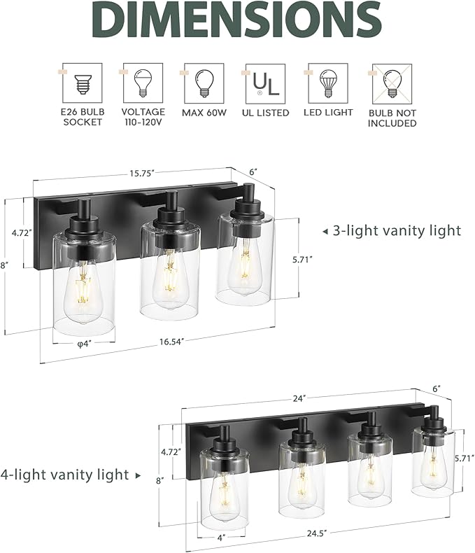 METWET 4-Light Bathroom Light Fixtures, Black Vanity Light with Cylinder Clear Glass Shade, Modern Vanity Lighting Fixtures Over Mirror, VL143-MB-4