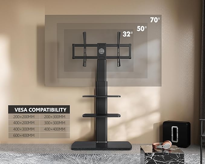 FITUEYES TV Floor Stand for Living Room Bedroom, Tall TV Stands with Sturdy Wood Base for 32 39 40 43 49 50 55 60 65 70 Inch TVs, Corner Stand with Height Adjustable Shelves, Swivel Black
