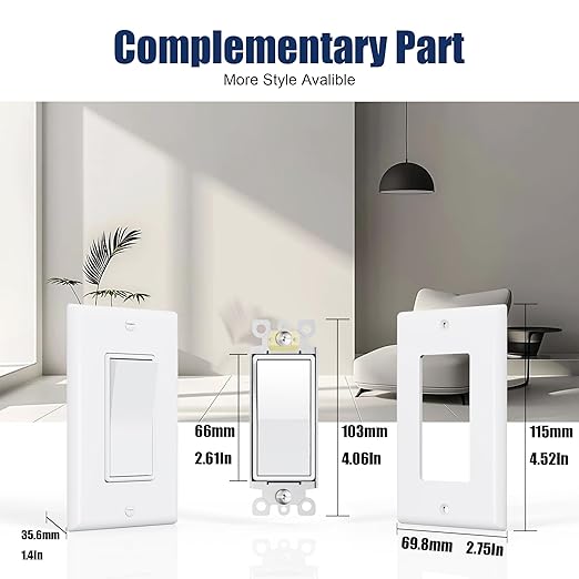 ThunderWay 3 Way Decorator Light Switch with Wall Plates, 15A 120/277V Decora Three Way Electrical Wall Paddle Rocker Switches Replacement, Residential Grade, UL Listed, Glossy White(10 Pack)