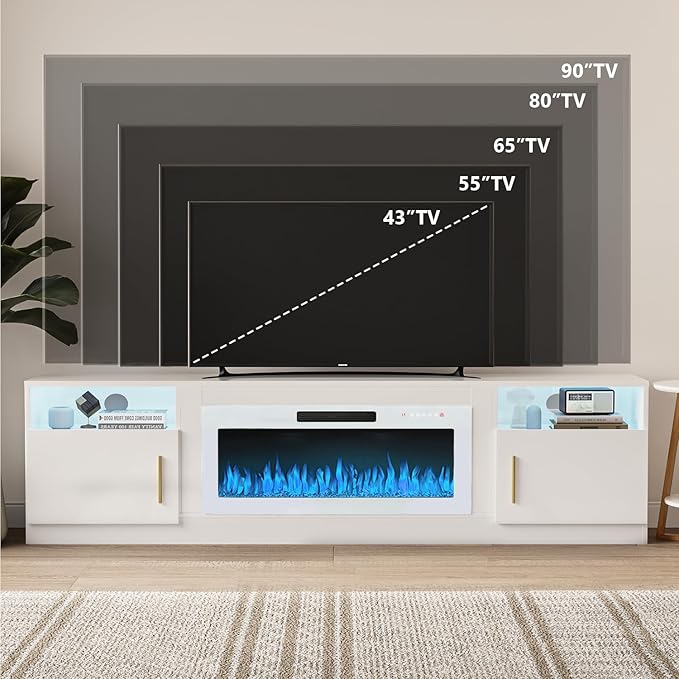 VITESSE TV Stand Fireplace with 36" inch Electric Fireplace Up to 90" TVs, LED Light Entertainment Center, 80" Modern Wood High Gloss with Highlight Storage Cabinet for Living Room (White)