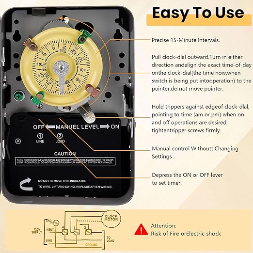 careNEW T101 Mechanical Timer Switch - 120V 2HP 40A SPST Electromechanical Timers, 12 ON/Off 24 Hour Timer with Tripper for Lights, Pool Pumps, Water Heater Fans & HVAC Systems