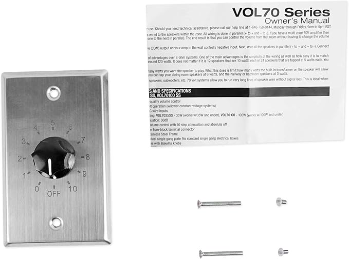 Rockville VOL70100 100W Wall Volume Controller 70V/100V, Stainless Steel Frame, Precise 12-Step Control, Easy Euro-Block Install, for Commercial Audio Systems