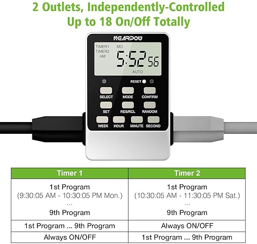 [2 Pack] Outlet Timer, NEARPOW Dual Digital Light Timer with 2 Independently-Controlled Outlets, 18 ON/Off Programs, 24-Hour and 7-Day Programmable,Indoor Electrical Timer Switch, 3 Prong, 15A/1800W
