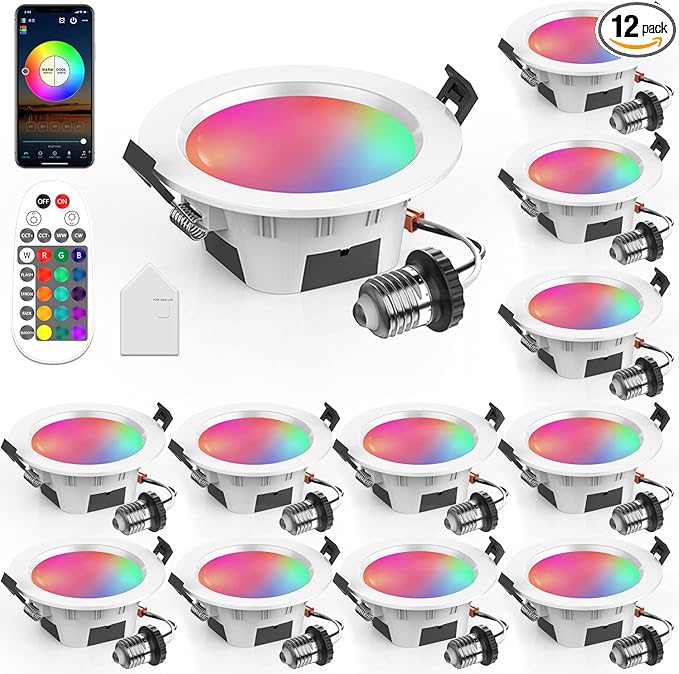VANANCE 3" Smart Recessed Light 12Pack, Compatible with Alexa Google Home, WiFi & Bluetooth, RGBCW, 2700K~6500K CCT Selectable, Dimmeble, Multicolor, 3 Inch Remote Control Can-Killer LED Downlight