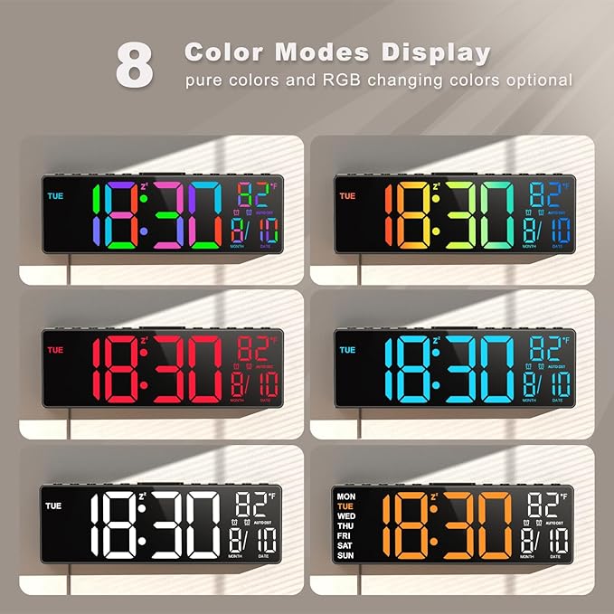 JALL 10.5'' Large Digital Wall Clock, Big LED Number Display, Alarm, RGB Colors, Auto DST, Temperature for Classroom, Bedroom, Decor, Birthday Xmas Gift for Senior, Mem Womem Mom Dad