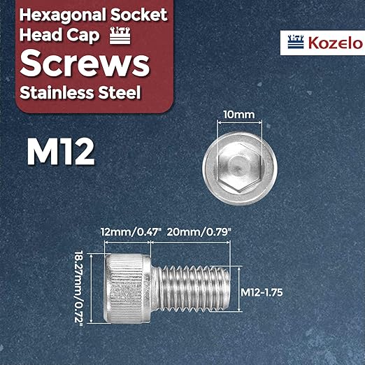 Kozelo 4pcs Socket Head Cap Screws - [M12-1.75 x 20mm] 304 Stainless Steel Allen Socket Drive for Electrical Motor 3D Printing Fan Engine Replacement Use, Silver