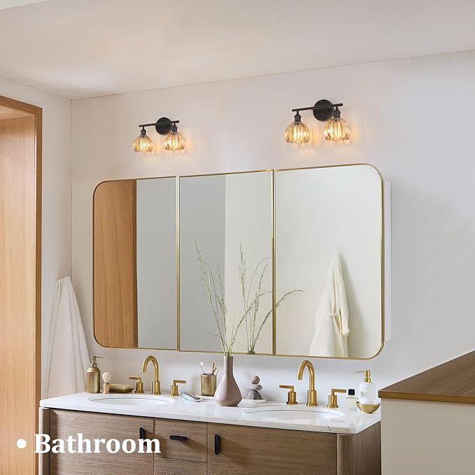 Shenmoyl Bathroom Light Fixtures, 2-Light Black Vanity Wall Light Over Mirror with Amber Tulip Glass Shade for Bedroom Living Room (Bulb Not Included)