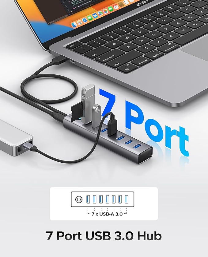 ORICO 7-Port USB 3.0 Hub, Aluminum USB Multiple Adapter, 5Gbps USB Extender USB Splitter with 1.64Ft Cable, UBS-A Hub Long Cable for Desktop, PC, Flash Drive, Mobile HDD, Windows/XPS