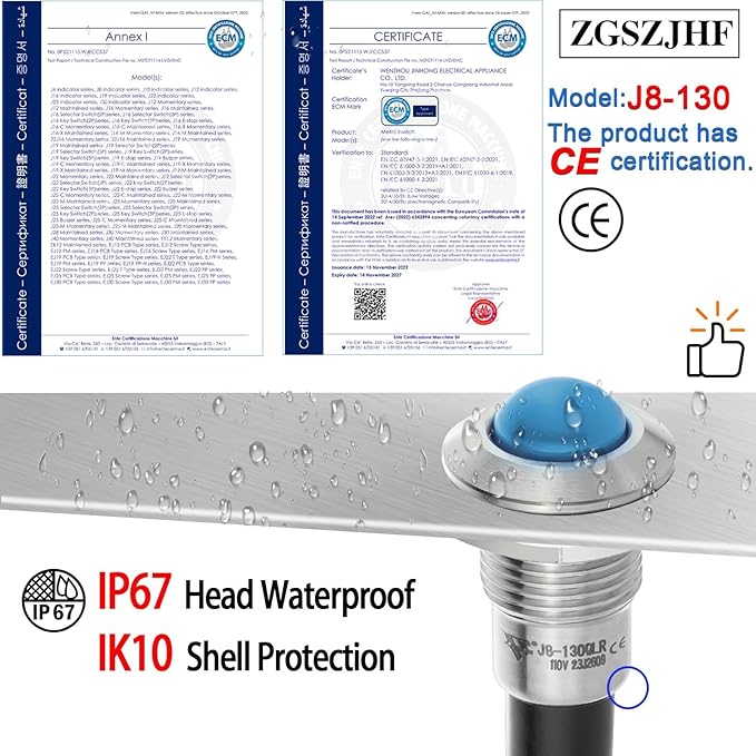 ZGSZJHF UL Listed Mini Indicator Light 8mm 0.31" Waterproof IP67 110V-120V Domed Sphere High Head Metal 304-Stainless Steel LED Lamp Pilot Light with 140mm Wire