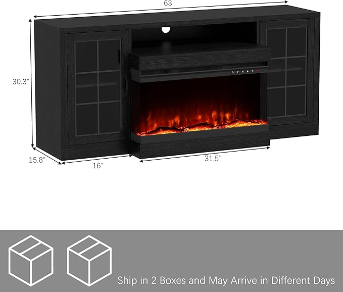 CharaVector 63 inch Fireplace TV Stand for TVs up to 75" with 30" 3-Sided Electric Fireplace, Farmhouse Entertainment Center with Glass Doors & Storage Cabinet, Black