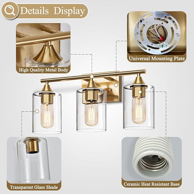 XPEHK Gold Bathroom Light Fixtures,3-Light Vanity Lights,Modern Brushed Brass Gold Wall Sconce Lighting,Bathroom Wall Lamp for Mirror Bedroom Living Room Vanity Table Hallway