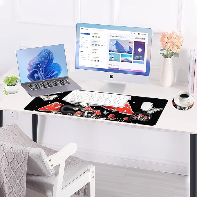 BFUKVOU Large Keyboard Mouse Pad Set, Extended Mouse Pad+Keyboard Wrist Rest Support, Memory Foam Ergonomic Easy Typing, 4Pcs (31.5×11.8 in) Desk Pad Set for Office Home,Mushrooms and Butterflies