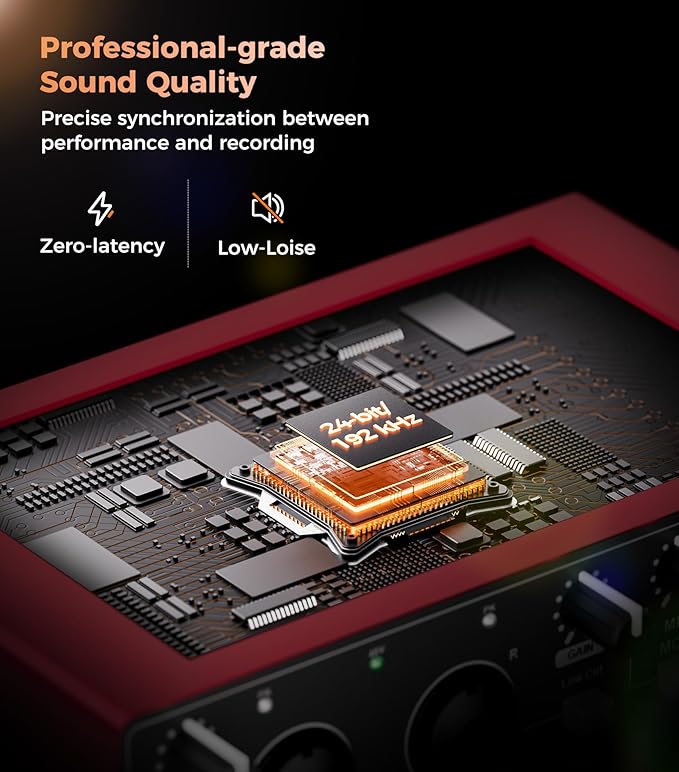 TISINO Audio Interface 24Bit/192kHz, USB Audio Interface for Recording, Songwriting, Streaming and Podcasting, Plug & Play Studio Interface with 48V Phantom Power, PC/Mac/iOS Compatible,RED