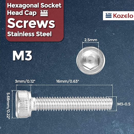 Kozelo 75pcs Socket Head Cap Screws - [M3-0.5 x 16mm] 304 Stainless Steel Allen Socket Drive for Electrical Motor 3D Printing Fan Engine Replacement Use, Silver