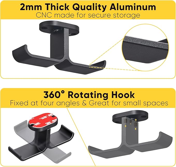 Under Desk Headphone Hanger with Strong Adhesive and Screws Mount, 360° Rotatable Dual Headset Holder Stand, Aluminum Metal Adjustable Headphone Hook, Perfect for Home Gaming & Office - Black