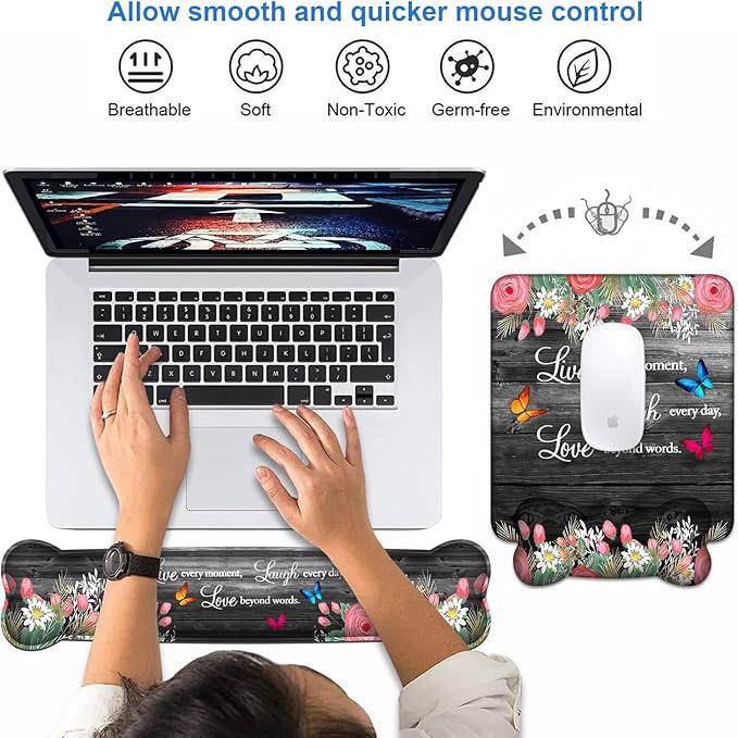 Keyboard Wrist Rest + Mouse Pad Wrist Support Set with Coasters, Non-Slip PU Base Ergonomic Mousepad for Home Office Working Studying Easy Typing & Pain Relief, Floral Quote Live Laugh Love