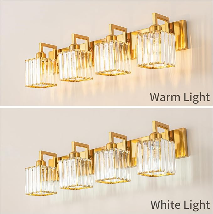 FDPBY Modern Crystal Bathroom Vanity Light 4-Lights Gold Brushed Brass Finish Modern Crystal Wall Lamp Bathroom Vanity Lighting