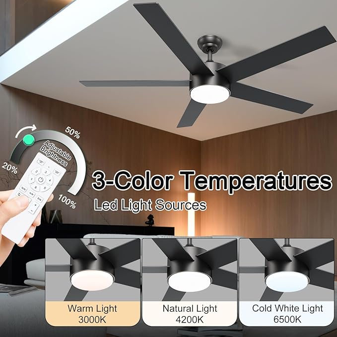 POCHFAN 60 Inch Black Ceiling Fans with Lights and Remote Control, Quiet Modern Ceiling Fan for Bedroom,Living Room, Dining Room,Dimmable 3-Color Temperatures 6-Speed