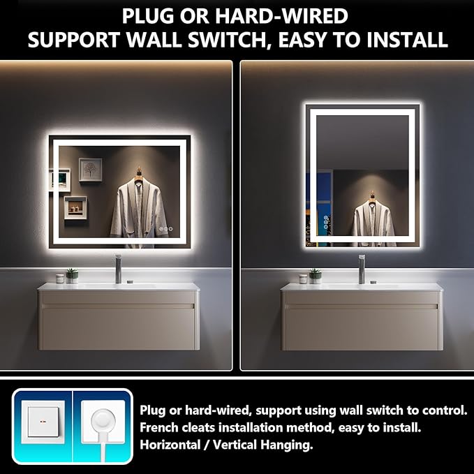 YEELAIT 40x32 Inch LED Bathroom Mirror with Lights Front and Backlit Lighted Vanity Mirror for Bathroom Wall with 3 Colors Dimmable Anti-Fog Memory Shatter-Proof IP54 Waterproof Horizontal/Vertical