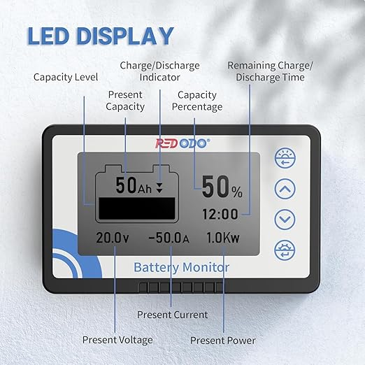 Redodo 500A Battery Monitor with Shunt, 8V-120V, 20ft Cable, High and Low Voltage Programmable Alarms for LiFePO4, Gel, Lead - Acid Batteries