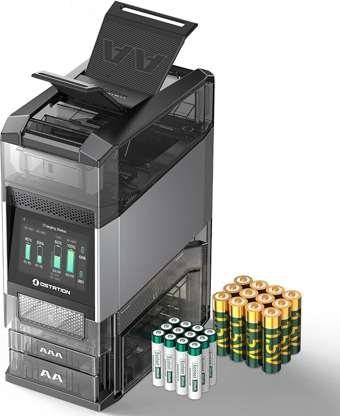 Ostation 2 Pro 3-in-1 Smart Battery Charger with 12 pcs AA Li-ion & 12 pcs AAA NiMH Rechargeable Batteries, Polarity-Free, Auto Detection & Storage, App Control, Touchscreen, Flashlight Charging Ports