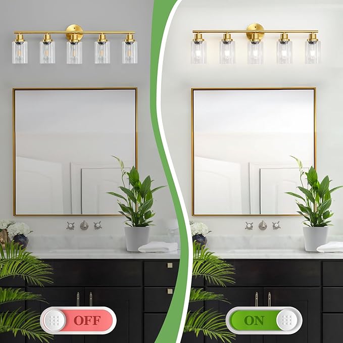 Guliaofo 5-Light Bathroom Vanity Lights, E26 Modern Brushed Gold Bathroom Light Fixtures with Clear Glass Shade, Mirror Kitchen Hallway Cabinet Living Room Sconces Wall Lights