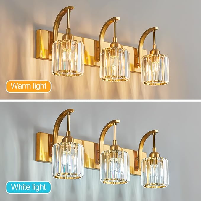FDPBY 3-Light Crystal Vanity Light, Modern Gold Bathroom Wall Sconce with K9 Crystal Shades, 23.62" Long Over Mirror Lighting for Vanity, Makeup, Hallway, Elegant & Durable