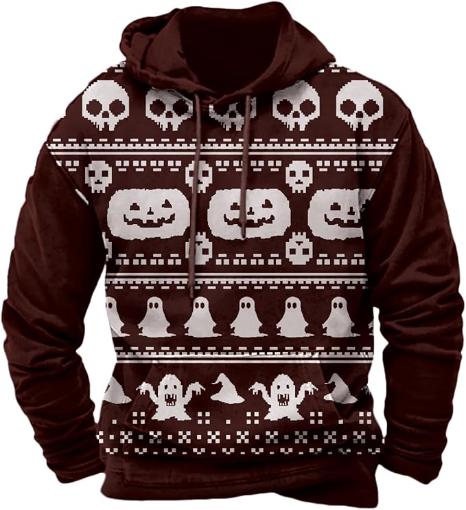 Halloween Hoodie Men Graphic Pumpkin Ghost Printed Sweatshirt Casual Trendy Long Sleeve Halloween Hooded Tops with Pockets