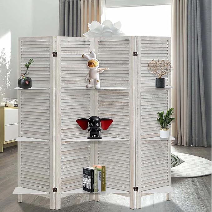 4 Panel Room Divider with Shelves, Room Dividers and Folding Privacy Screens, Folding Room Dividers 4 Panel, White Room Divider with 3 Display Shelves for Home Office (White)