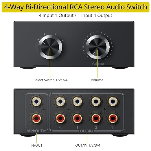PROZOR RCA Switch 4 Way Bi-Directional RCA Splitter with Volume Control and Switch Button, R/L Audio Selector with No Power Supply Needed for DVD Stereo Speaker CD Player