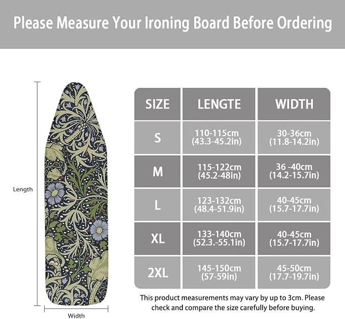 ZCFYGDX William Morris Prints Ironing Board Cover with Elastic Edge 3 Bottom Nylon Buckle Straps Breathable Resist Scorch Staining Suitable for Size-2XL Iron Board House Oil Paintings Art Decor