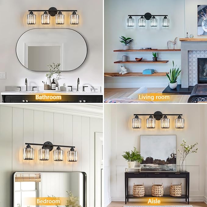 FDPBY Modern 4 Light Crystal Vanity Light, Black Vertical Bathroom Light Fixture Over Mirror for Dressing Table Sink, Compatible with Dimmable Bulbs (Bulbs Not Included)