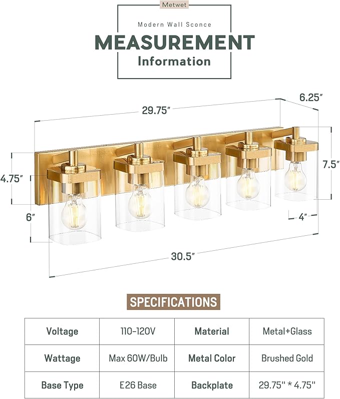 METWET Bathroom Light Fixtures, 30" Brushed Gold Vanity Light, 5-Light Modern Wall Sconces with Square Clear Glass Shade, Vanity Lighting Fixtures Over Mirror, VL194-BG-5