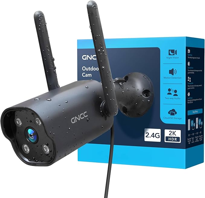 GNCC 2K Outdoor Security Camera, IP65 Weatherproof, Night Vision, Motion Sound Detection, Two-Way Audio, CCTV Camera for Home Compatible with Alexa & Google Home, 2.4GHz WiFi, 10ft Power Cable Black