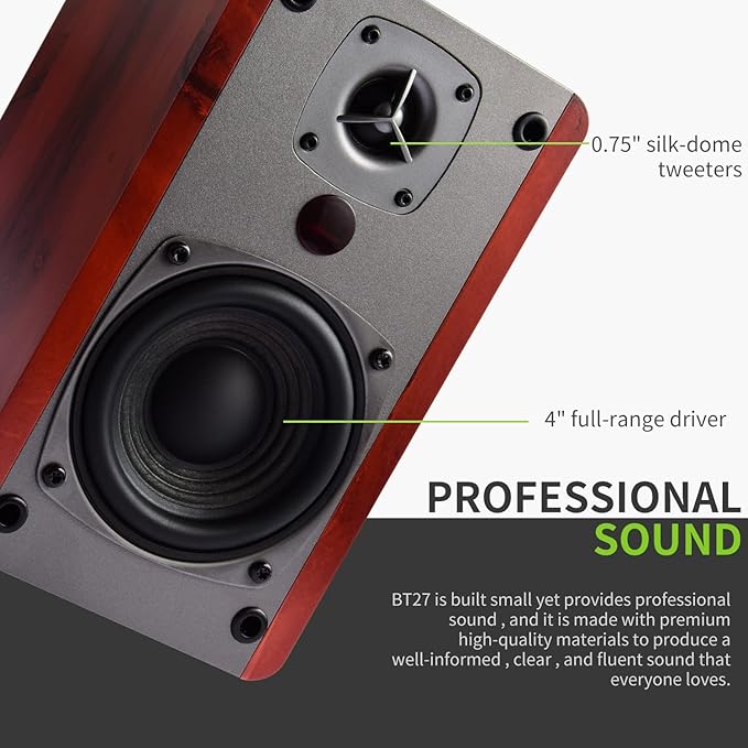 SINGING WOOD BT27 Active Powered Bluetooth Bookshelf Speakers for Studio Monitor TV Computer Turntable - 60 Watts - Wood Grain Finish (Walnut)