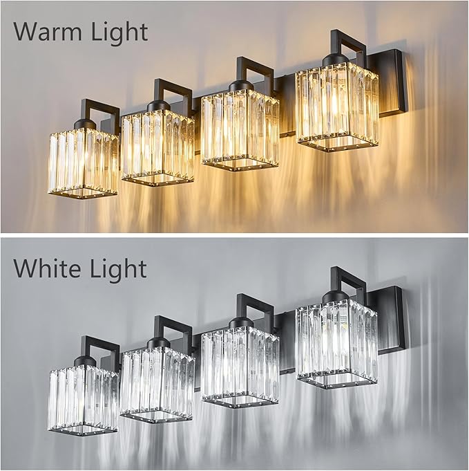 FDPBY Black Bathroom Light Fixture, 4-Light Crystal Vanity Lighting, Bathroom Lighting Fixtures Over Mirror, Modern Crystal Wall Lamp
