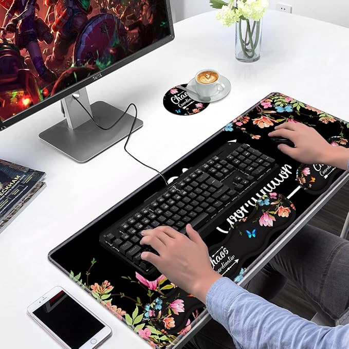 Ergonomic Keyboard Wrist Rest & Mouse Pad Wrist Rest Set, Chaos Coordinator Quote Vintage Watercolor Floral Large Gaming Desk Mat 31.5"x 11.8" with Memory Foam, Easy Typing Pain Relief for Home Office